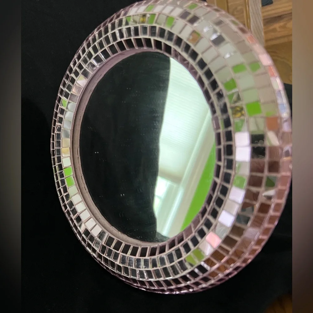 Pink Mosaic Round Disco Ball Stand Mirror, Small Desktop